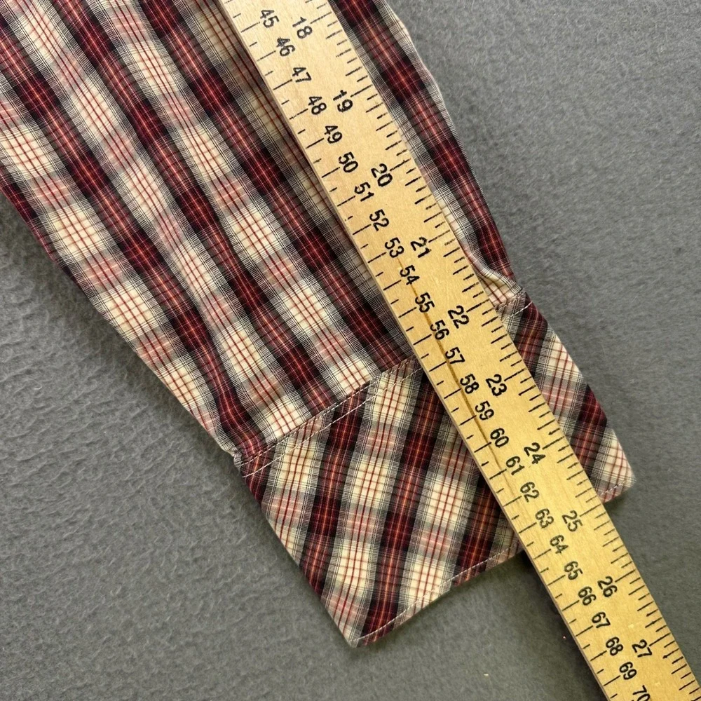 Banana Republic Mens Slim Fit Western Plaid Snap Button Shirt Red Cream Large